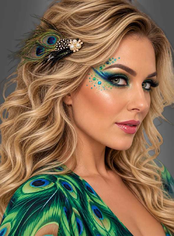 Traumhaftes Pfau Cape mit Haarschmuck