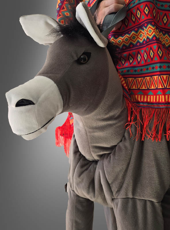 Eine Person, die einen bunten Poncho trägt, hält ein großes graues Eselkostüm in der Hand – das „Mexikaner auf dem Esel“-Kostüm –, was es zum perfekten Spaßkostüm für jede Karnevalskostümparty macht. Der schlichte, neutrale Hintergrund sorgt dafür, dass die gesamte Aufmerksamkeit auf dieses verspielte Ensemble gerichtet bleibt.