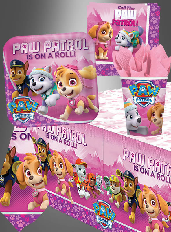 Das Set „Mädchen-Partydeko Paw Patrol, rosa, 61 Teile“ enthält Partyzubehör zum Thema „PAW Patrol“ mit Skye und Everest, darunter rosa Dekorationen wie Teller, Becher, Servietten, eine Tischdecke und einen Hintergrund – perfekt für die Feier Ihres Kindes.