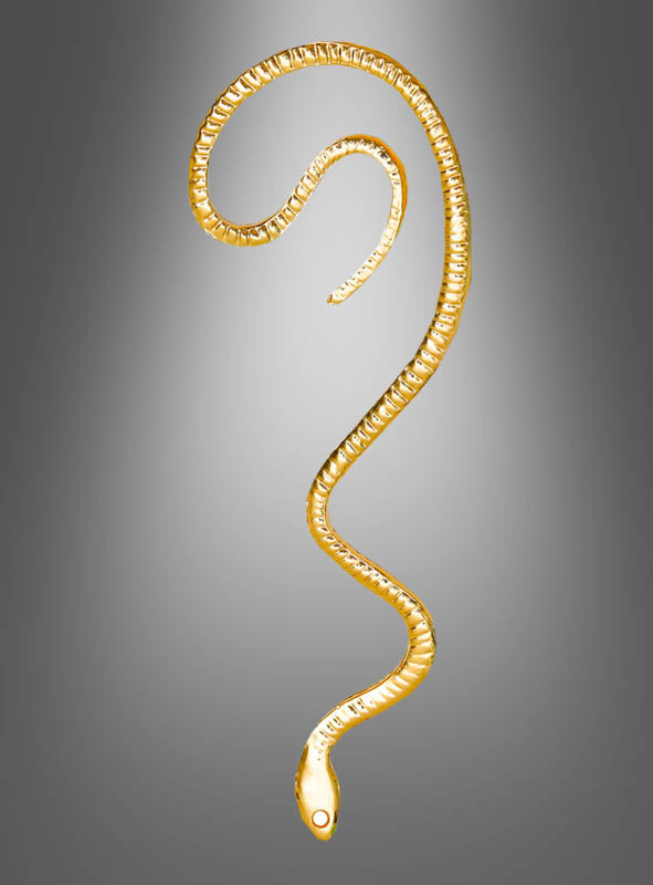 Goldener Schlangenohrschmuck mit gewundenem Körper und einer kleinen Öffnung nahe dem Kopf, präsentiert vor einem schlichten grauen Farbverlaufshintergrund.