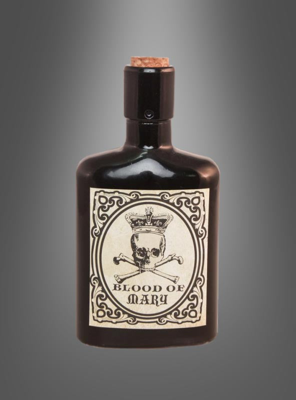 Eine 17 cm hohe Flasche aus dunklem Glas mit Korkverschluss, beschriftet mit „Blood of Mary“ und auf der Vorderseite mit einem gekrönten Totenkopf verziert – diese „Blutflasche“-Halloween-Dekoration ist die perfekte gruselige Ergänzung für Ihre Halloween-Feierlichkeiten.