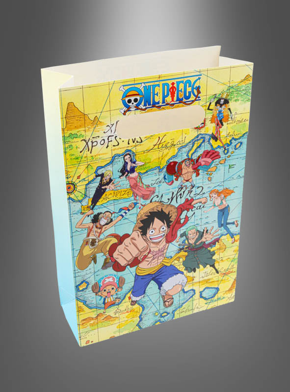 Ein farbenfrohes 4er-Pack „Papiertüten One Piece“ mit beliebten Figuren aus dem Anime vor einem Kartenhintergrund und einem praktischen Griffausschnitt – perfekt für deine nächste One-Piece-Party oder als Geschenktüten („Papiertüten One Piece“) für Kindergeburtstage.