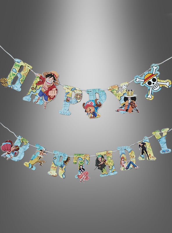 One Piece-Papiergirlande „Happy Birthday“, 200 cm, mit beliebten Anime-Figuren wie Ruffy, Chopper und dem Strohhut-Piraten-Logo – die ideale Partydekoration für echte One Piece-Fans.