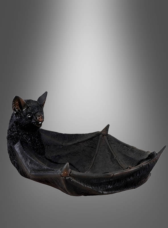 Eine „Deluxe Fledermaus“-Schale (24 cm) aus Kunstharz in Schwarz, gestaltet als Fledermaus mit ausgebreiteten Flügeln vor einem grauen Hintergrund mit Farbverlauf – ideal als auffällige gotische Tischdekoration oder unverwechselbare Halloween-Dekoration.
