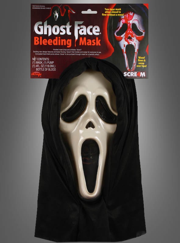 Scream-Maske für Halloween mit Blutpumpe in der Verpackung – enthält eine weiße Maske mit schwarzer Kapuze sowie eine Flasche Kunstblut und eine integrierte Blutpumpe für besondere Gruseleffekte.