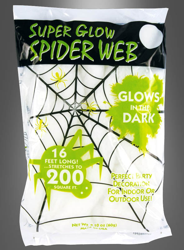 Eine Packung „Leuchtendes Spinnennetz Halloween“ (60 g), ideal für Halloween oder jeden anderen gruseligen Anlass. Dieses im Dunkeln leuchtende Spinnennetz lässt sich auf eine Fläche von bis zu 200 Quadratfuß ausdehnen und ist 16 Fuß lang, wodurch es sich perfekt für die Halloween-Dekoration auf Partys im Innen- und Außenbereich eignet.