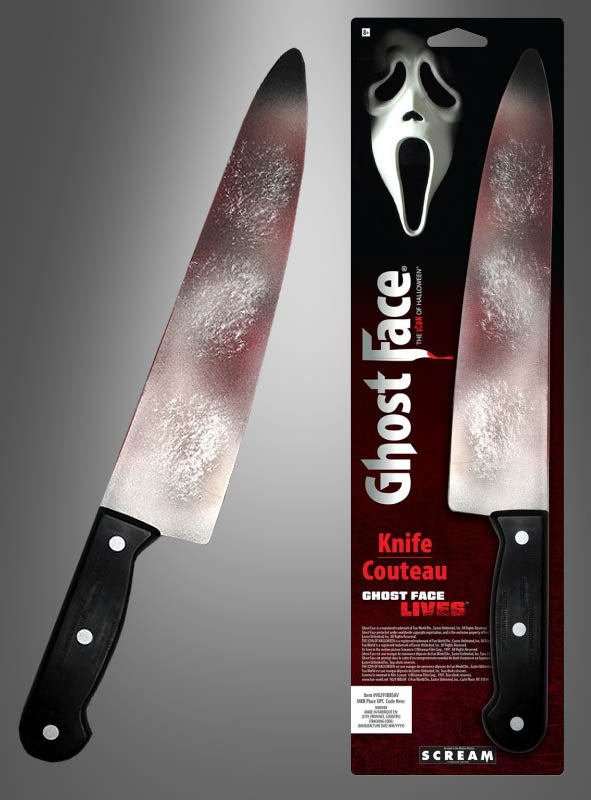Zwei Ansichten des Original-Küchenmessers „GHOST FACE Messer Scream“ (38 cm) in der Verpackung, verziert mit künstlichen Blutspritzern sowie dem ikonischen „Scream“-Logo und der Maske – ein absolutes Muss für jeden Horrorfan zu Halloween.