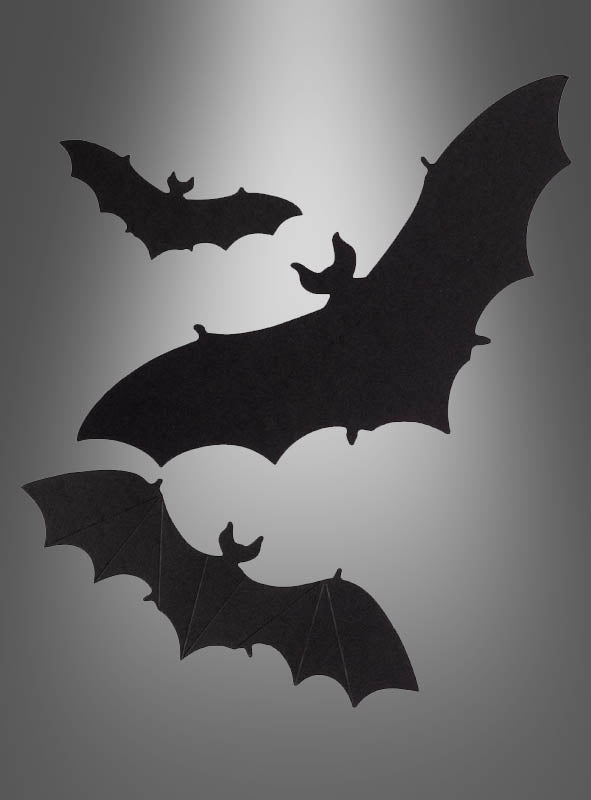 Zwölf schwarze Fledermaus-Silhouetten fliegen vor einem grauen Hintergrund mit Farbverlauf und bilden so eine auffällige „12er Fledermäuse-Papierdekoration mit Klebeband“ – perfekt für Ihre Halloween-Dekoration oder als Teil eines Fledermäuse-Dekosets.
