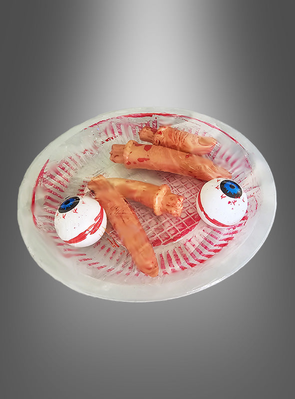 Das „Halloween-Deko-Finger-Augen“-Set enthält einen Kunststoffteller mit blutigen Fingern und zwei Kunststoffaugen, die als gruselige Accessoires für Ihre Halloween-Dekoration oder Ihr Horror-Dekor dienen.