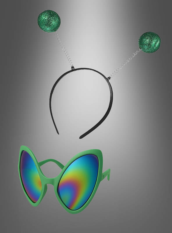 Alien-Set mit Brille und Fühlern in Grün: Dieses außerirdische Karnevals-Accessoire besteht aus einem grünen Alien-Stirnband mit zwei glitzernden Antennen und einer übergroßen grünen Alien-Brille mit regenbogenfarbenen Gläsern – das perfekte Set, um dein Alien-Kostüm zu vervollständigen!.
