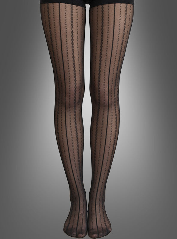 Eine Person trägt die „Elegante Feinstrumpfhose mit dekorativem Linienmuster“ in Schwarz, die sich durch ein vertikales Muster aus gepunkteten und durchgehenden Streifen auszeichnet, und steht vor einem neutralen, grau verlaufenden Hintergrund.
