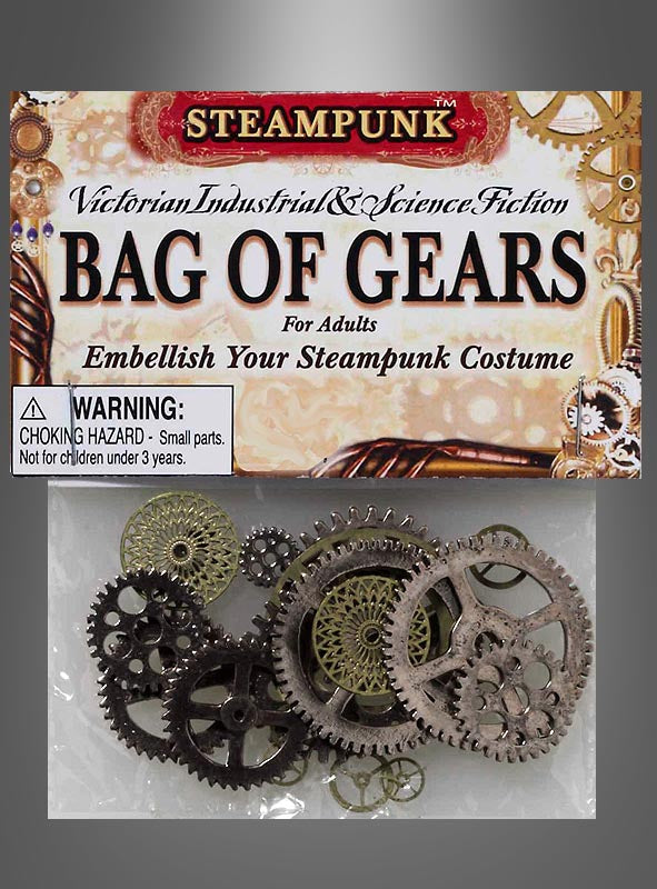 Eine Packung mit der Aufschrift „Steampunk Zahnräder Kostümdeko“ enthält verschiedene Metallzahnräder, die sich ideal als Steampunk-Kostümzubehör eignen, und ist mit einem Warnhinweis zur Erstickungsgefahr versehen.