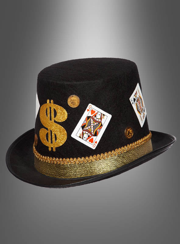 Casino-Zylinder im Las-Vegas-Stil – Ein schwarzer Zylinder, verziert mit goldenen Dollarzeichen, Goldmünzen, Spielkarten und einer goldenen Borte vor einem Hintergrund mit Farbverlauf; dieses auffällige Accessoire eignet sich perfekt für jede Las-Vegas-Party oder als einzigartiger Glücksspiel-Zylinder.