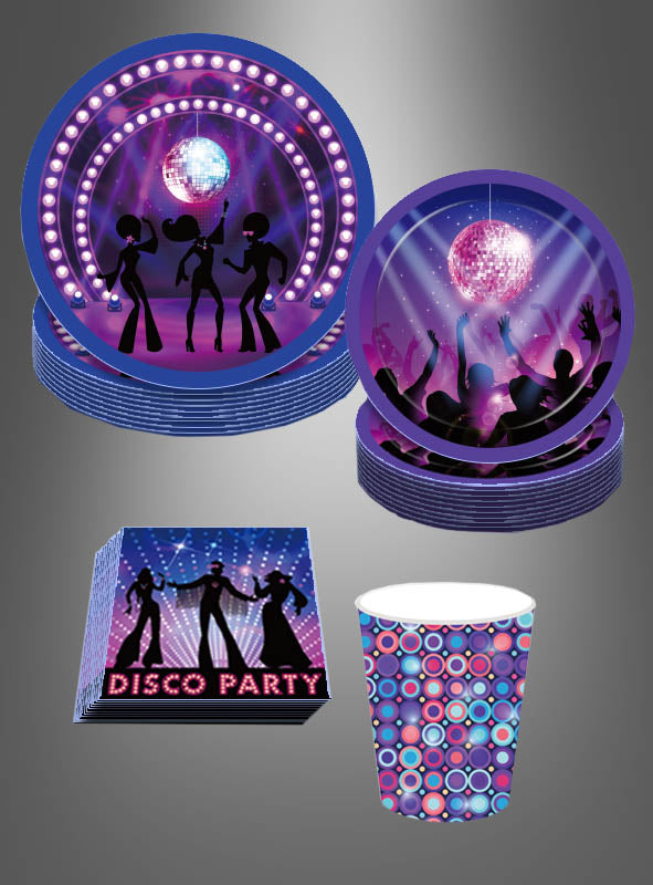 Das „Disco Party“-Pappgeschirr-Set mit 44 Teilen umfasst Teller, Servietten und Becher im Disco-Stil, die mit Silhouetten von Tänzern, Discokugeln und bunten Lichtern verziert sind – damit ist dieses farbenfrohe Set das perfekte, stilvolle Einweggeschirr für jede 70er-Jahre-Party oder festliche Feier.