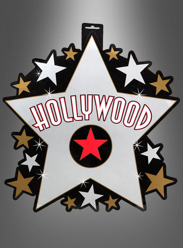 Ein großer weißer Stern mit der roten Aufschrift „HOLLYWOOD“, umgeben von kleineren schwarzen, weißen und goldenen Sternen auf einem grauen Hintergrund mit Farbverlauf – perfekt als „Hollywood Stern Deko 40 x 38 cm“ für Ihre glamouröse Hollywood-Party oder Filmstar-Party.