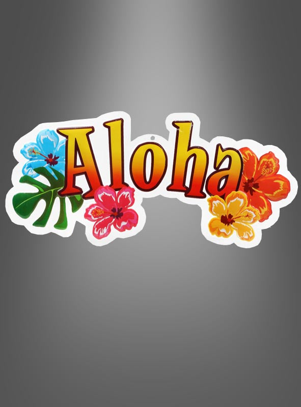 Das Hawaii-Party-Deko-Banner „Aloha“ zeigt das Wort „Aloha“ in fetten Buchstaben, umgeben von bunten Hibiskusblüten auf einem grauen Hintergrund mit Farbverlauf – damit ist es die perfekte Dekoration für Ihre nächste Aloha-Party oder Gartenparty.