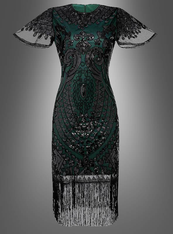 Das knielange, dunkelgrüne 20er-Jahre-Kleid „Grace“ mit kurzen Ärmeln und Pailletten besticht durch kurze Ärmel, schwarze Perlenverzierungen und aufwendige Vintage-Muster mit Fransen am Saum – ganz im Stil des Charleston-Glamours. Die Vintage-inspirierten Verzierungen, die an ein klassisches Paillettenkleid erinnern, kommen auf einem schlichten Hintergrund mit Farbverlauf besonders gut zur Geltung.