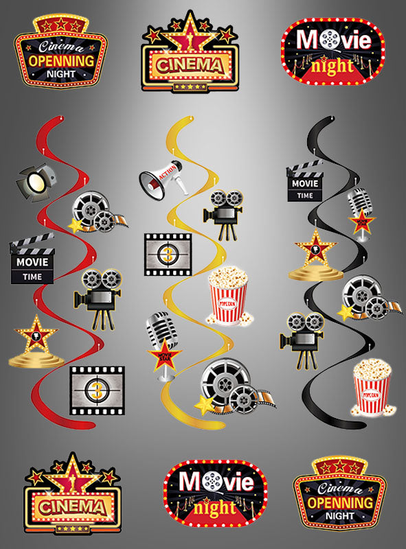Verwandeln Sie Ihre Party mit dem Hollywood-Film-Hängedekorationsset (84 Teile) in ein Blockbuster-Event! Diese Film-Party-Dekoration umfasst Akzente zum Thema Kino wie Filmrollen, Popcorn, Mikrofone, Kameras und Schilder mit klassischen Aufschriften wie „CINEMA“, „MOVIE night“ und „OPENING NIGHT“ – perfekt, um Ihrer nächsten Feier vor einem schicken grauen Hintergrund den unverwechselbaren Hollywood-Stil zu verleihen.