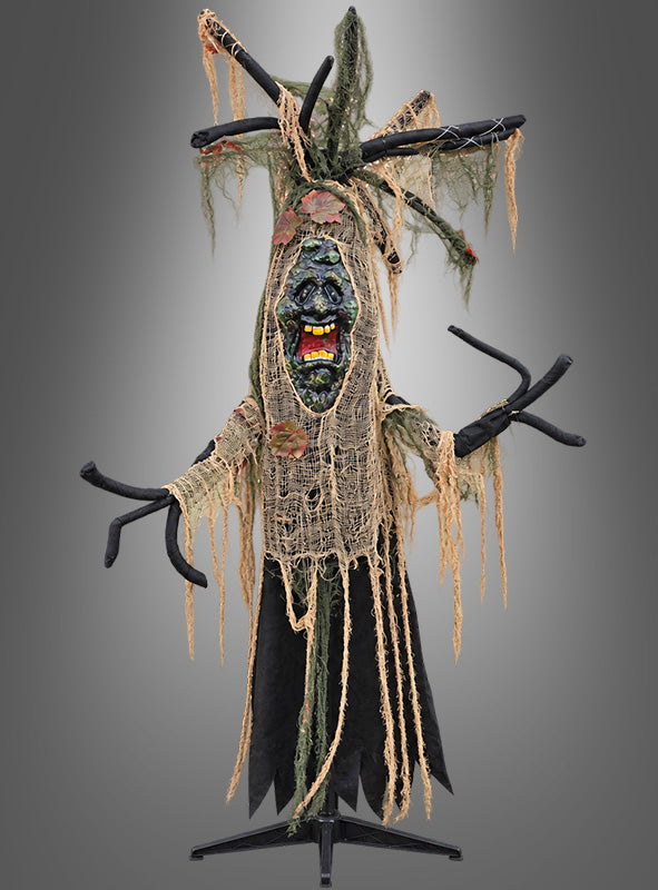 Verleihen Sie Ihrem Raum eine gruselige Atmosphäre mit dem lebensgroßen, 190 cm hohen animierten Geisterbaum – einer naturgetreuen Halloween-Dekoration, die aus einer baumartigen Kreatur mit furchterregendem Gesicht, ausgestreckten Ästen und zerfetzten, moosbewachsenen Verzierungen vor grauem Hintergrund besteht. Diese animierte Dekoration eignet sich ideal, um eine unvergessliche, gruselige Kulisse zu schaffen.