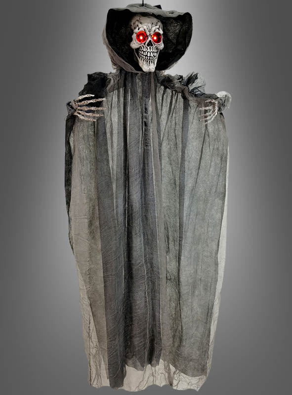 Die 110 cm große Sensenmann-Hängedekoration mit LED-Beleuchtung besticht durch leuchtend rote Augen, ein Skelettgesicht unter einer schwarzen Kapuze und eine zerfetzte graue Robe – damit ist sie die perfekte Skelett-Dekoration, um Ihre gruseligen Feiern zu bereichern.