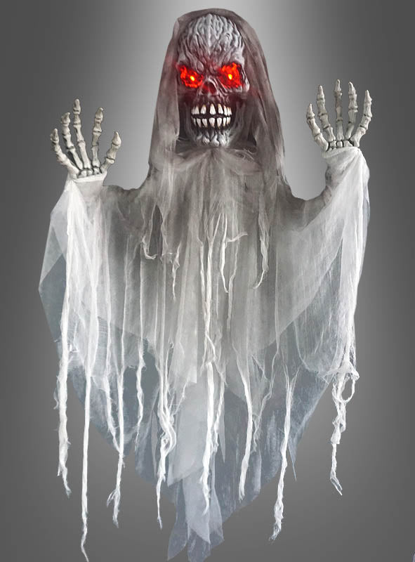 Ein wackelndes Skelett belebt Halloween (140 cm) mit leuchtend roten Augen, Skeletthänden und zerfetztem weißem Stoff vor einem grauen Hintergrund.