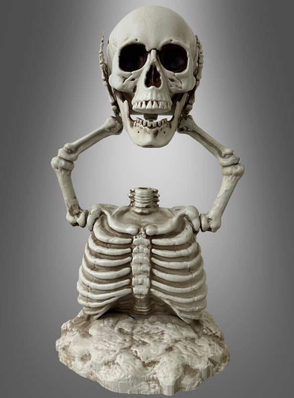 Das 40 cm große Skelett mit abgetrenntem Kopf wird auf einem Friedhof gezeigt, wobei der Kopf von beiden Armen über dem Brustkorb gehalten wird – die ideale Halloween-Dekoration für eine gruselig-schöne Atmosphäre vor einem schlichten Hintergrund.