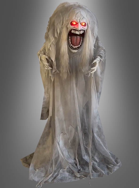 Vor einem grauen Hintergrund steht eine geisterhafte Gestalt mit leuchtend roten Augen, offenem Mund, langen weißen Haaren und einem zerfetzten weißen Gewand. Der „Animierter Geist 160 cm Big Mouth“ ist die perfekte Halloween-Dekoration – eine unheimliche Animatronik-Geisterfigur, die jeder Umgebung eine gespenstische Atmosphäre verleiht.