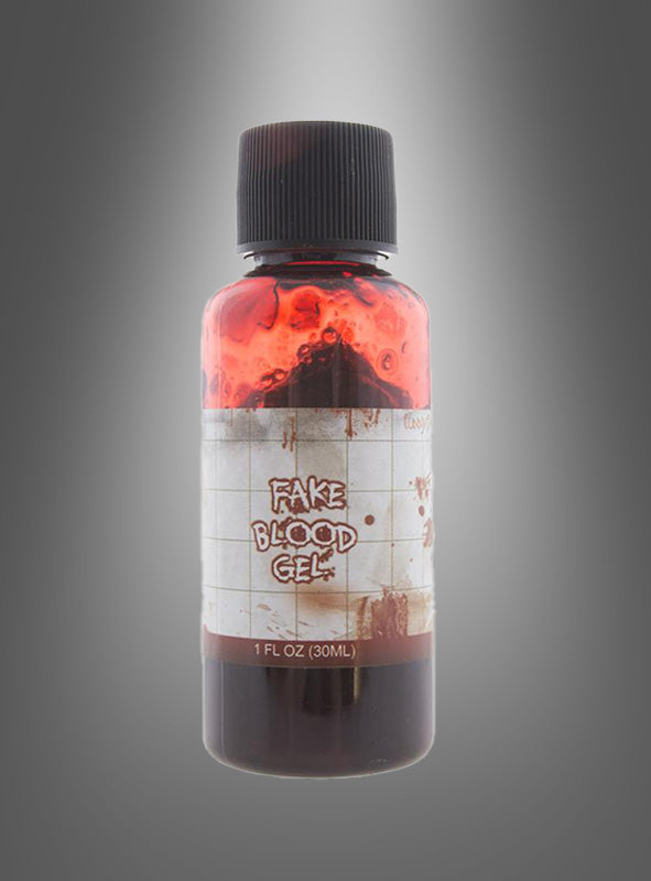 Eine 60-ml-Flasche mit der Aufschrift „dickflüssiges Filmblut mit Pinsel“, gefüllt mit dickflüssigem rotem Gel, vor einem grauen Hintergrund mit Farbverlauf – perfektes Kunstblut für Halloween-Make-up oder Filmblut-Effekte an Halloween.