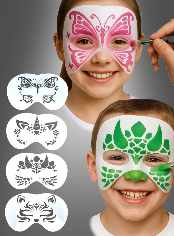 Zwei Kinder mit bemalten Gesichtern – das eine als rosa Schmetterling, das andere als grüner Drache – zeigen, wie zauberhaft Gesichtsbemalung sein kann. Daneben bieten die „Make Up Schminkschablonen 4 Motive“ kreative Inspiration für lustige und farbenfrohe Kinderschmink-Motive.