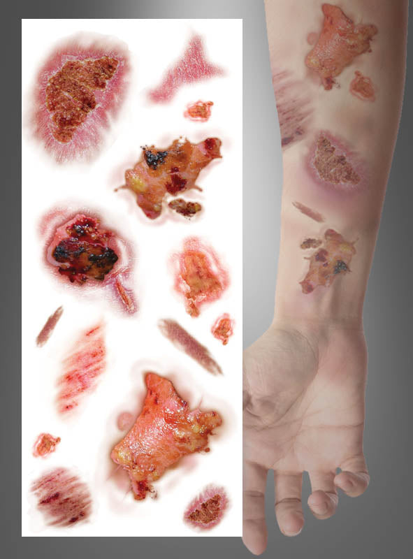 Präsentieren Sie Ihren Halloween-Look mit den „Infizierte Wunden“-Tattoos – einem Set realistischer Aufkleber mit künstlichen Wunden und Verbrennungen, die sich ganz einfach auf den Arm aufbringen lassen und sich perfekt als gruselige Kostümaccessoires eignen. Jeder Bogen enthält mehrere temporäre Tattoos mit infizierten Wunden, sodass Sie bei Ihrer nächsten Gruselveranstaltung einen überzeugend unheimlichen Effekt erzielen können.