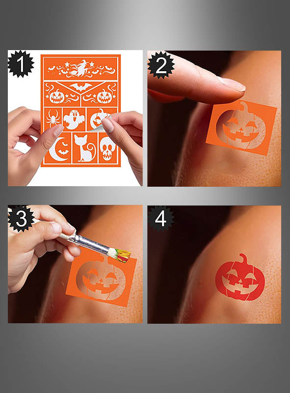 Eine Anleitung in vier Schritten, die zeigt, wie man die Make-up-Schablone „Halloween-Hexe“ (14 x 20 cm) auf der Haut anwendet: Wähle deine Schablone aus, lege sie auf die Haut, male darüber und bringe das gruselige Hexenmotiv zum Vorschein – perfekt für einen einzigartigen Halloween-Make-up-Look.