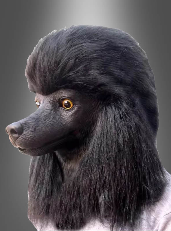 Eine Person, die die „Pudel-Vollmaske Karneval“ trägt – eine realistische schwarze Hundemaske mit langem Fell –, ist vor einem grauen Farbverlaufshintergrund abgebildet, wodurch der einzigartige Charme dieses Karnevalskostüm-Accessoires zur Geltung kommt.