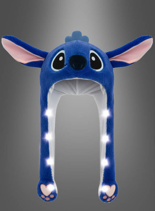 Blaue Alien-Mütze mit bunten LEDs, gestaltet wie ein Cartoon-Tier mit großen Ohren, leuchtenden Lichtern entlang der herabhängenden Ohrenklappen und Pfotenabdrücken an den Enden – perfekt als witzige Karnevalskopfbedeckung oder einzigartige Alien-Mütze.