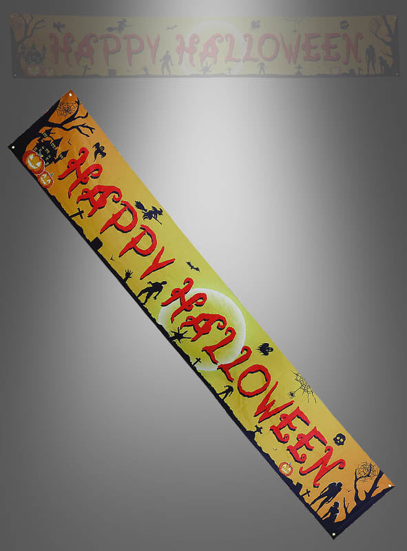 Das „Happy Halloween“-Banner (290 x 50 cm) ist auf grauem Hintergrund abgebildet und zeigt auffällige rote Buchstaben sowie Silhouetten von Kürbissen, Fledermäusen, Bäumen und einem Spukhaus.