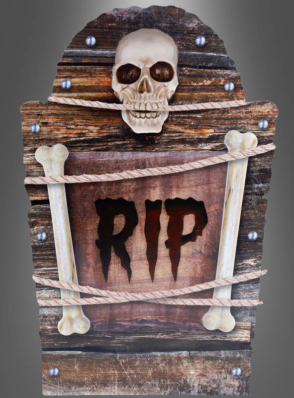 Vervollständigen Sie Ihre Halloween-Dekoration mit dem Halloween-Deko-Grabstein mit Totenkopf „RIP“ in Holzoptik – einem Grabstein in Holzoptik mit Totenkopf, Knochen, Seilakzenten und einem markanten schwarzen „RIP“-Schriftzug auf einem verwitterten Hintergrund, der sich perfekt eignet, um jeder Kulisse einen gruseligen Totenkopf-Effekt in Holzoptik zu verleihen.