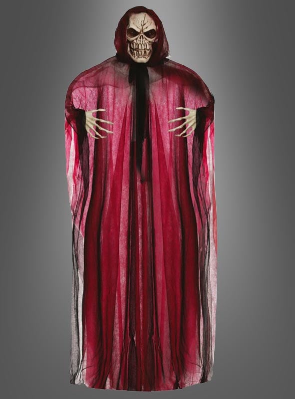 Verleihen Sie Ihrer gruseligen Dekoration mit der „Roter Dämon“ 195 cm Halloween-Dekoration einen schaurigen Touch – eine auffällige Standfigur mit Skelettgesicht, knochigen Händen und einem kapuzenverhüllten, wallenden rot-schwarzen Gewand vor grauem Hintergrund.