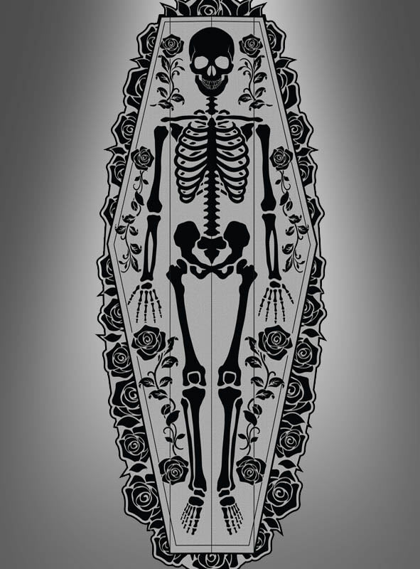 Verleihen Sie Ihrer Halloween-Dekoration mit dem Tischläufer „Skelett“ (183 x 60 cm) eine auffällige Note: Er zeigt die Abbildung eines menschlichen Skeletts in einem sargförmigen Rahmen, umgeben von schwarzen Rosenmotiven auf einem grauen Hintergrund mit Farbverlauf – perfekt als einzigartiger Blickfang oder auffälliger Tischläufer für Ihre gruseligen Feierlichkeiten.