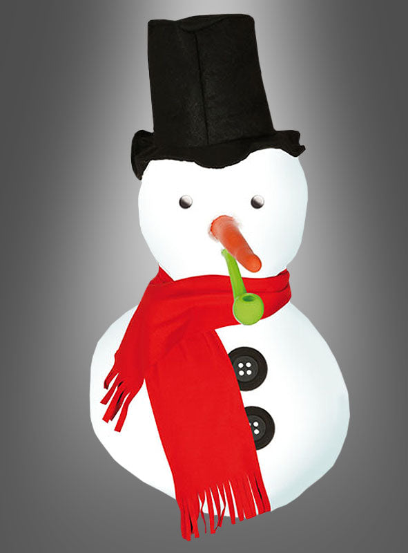 Ein fröhlicher Schneemann mit schwarzem Zylinder, rotem Schal, zwei schwarzen Knöpfen, einer Karottennase, Kulleraugen und einer grünen Pfeife steht vor einem grauen Hintergrund mit Farbverlauf – damit ist das 6-teilige Schneemann-Dekoset mit Hut die perfekte Ergänzung, um Schnee-Spaß in Ihre Winterdekoration zu bringen.