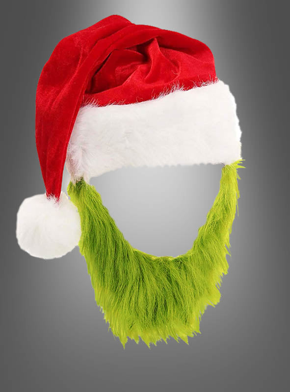 Eine Nikolausmütze mit grünem Bart schwebt vor einem grauen Hintergrund mit Farbverlauf, ohne dass darunter ein Gesicht oder ein Kopf zu sehen ist – was an den verspielten Look eines skurrilen „Grünen Monsters“ oder eines Grinch-Kostüms erinnert und die Weihnachtsmütze mit Bart zum Leben erweckt.