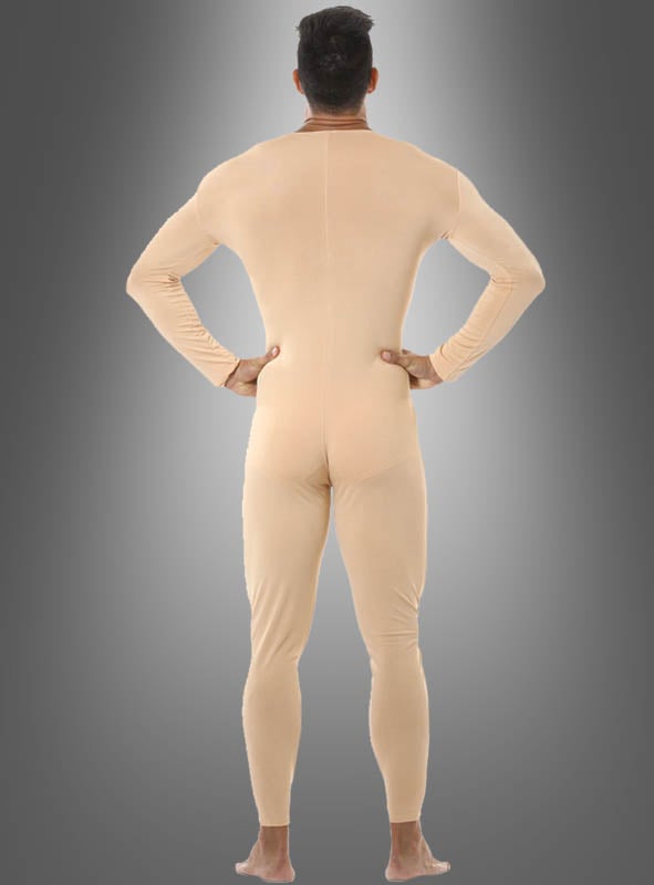 Eine Person steht barfuß mit dem Rücken zur Kamera und trägt einen eng anliegenden hautfarbenen Overall – einen eleganten Ganzkörperanzug für Erwachsene – vor einem grauen Hintergrund mit Farbverlauf.