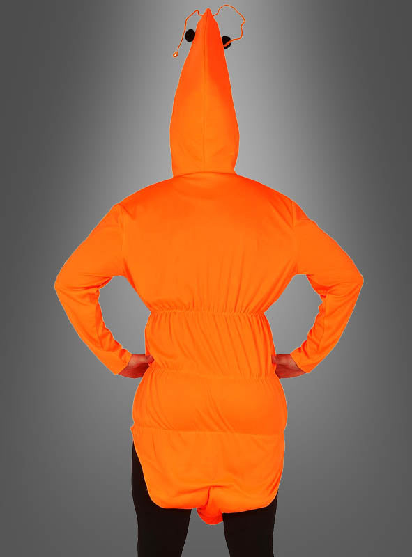 Eine Person im orangefarbenen „Garnele Shrimps“-Kostüm, von hinten gesehen, die Hände in die Hüften gestemmt, vor grauem Hintergrund – ideal für Karnevalsfeiern oder alle, die ein verspieltes „Shrimps“-Kostüm für Erwachsene suchen.