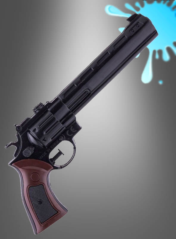 Eine schwarz-braune Wasserpistole für Cowboys ist vor einem grauen Hintergrund abgebildet, mit einem blauen Farbspritzer in der oberen rechten Ecke – damit ist sie das ideale Accessoire für jedes Cowboy-Kostüm.
