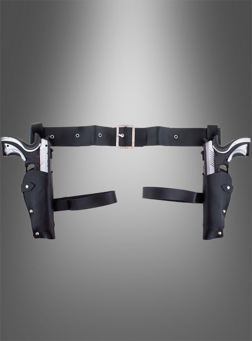 Ein „Beinholster mit 2 Pistolen für Damen“ – ein schwarzer Ledergürtel mit zwei silbernen Revolvern in Holstern – wird vor einem grauen Hintergrund mit Farbverlauf präsentiert und ist damit das ideale Accessoire, um Ihr authentisches Westernkostüm zu vervollständigen.