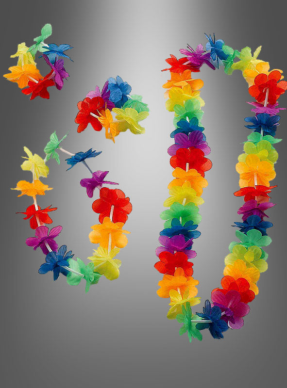 Zwei farbenfrohe „Regenbogen Hawaii“-Ketten aus dem Set, die sich perfekt als „Blumenkette Hawaii“-Accessoires eignen, sind vor einem grauen Hintergrund mit Farbverlauf so angeordnet, dass sie die Zahl 50 bilden.