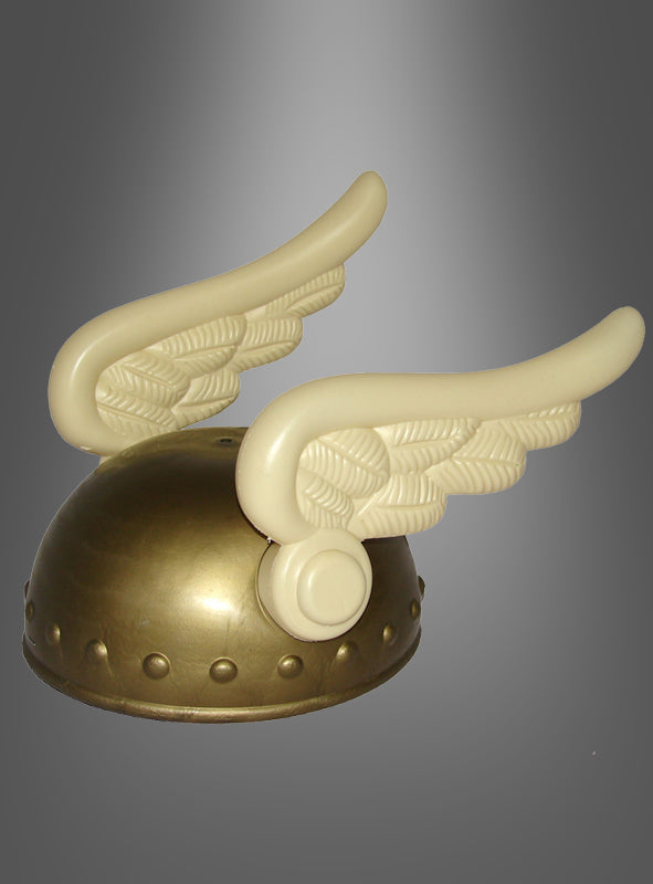 Ein schicker Helm für Erwachsene und Jugendliche aus Kunststoff mit cremefarbenen Flügeln an den Seiten, vor einem dezenten grauen Farbverlauf – das ideale Kostüm-Accessoire für Mottopartys und Veranstaltungen.