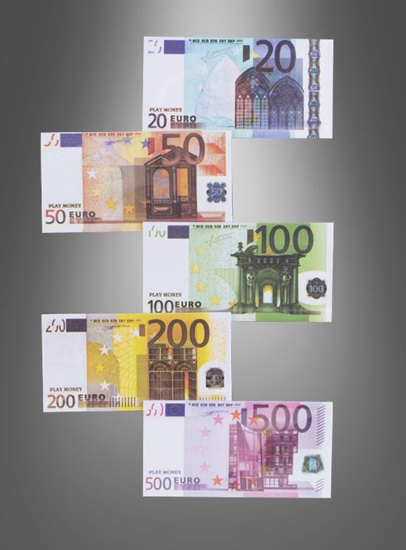 Sechs Spielgeld-Euroscheine (Spielgeldscheine in den Stückelungen 20, 50, 100, 200 sowie zwei Arten von 500) sind vertikal auf einem grauen Hintergrund mit Farbverlauf angeordnet – ideal als realistisches Spielgeld für die Unterhaltung bei einem Casinoabend oder als authentisch aussehende falsche Geldscheine für Spiele und pädagogische Aktivitäten.