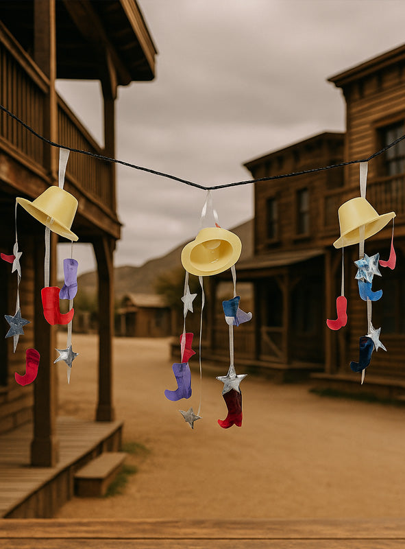 Gelbe Cowboyhüte, rote, blaue und lila Filzstiefel sowie silberne Sterne hängen an einer Schnur – das ist die Western-Girlande 365 cm; alte Western-Holzgebäude und ein staubiger Pfad bilden die perfekte Kulisse für eine Wild-West-Geburtstagsparty oder ein Cowboy-und-Indianer-Fest.