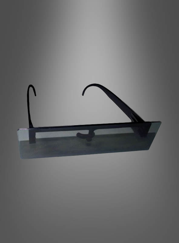 Eine schwarze Balkenbrille mit einem einzigen rechteckigen Glas und schwarzen Bügeln ist vor einem grauen Hintergrund mit Farbverlauf abgebildet.