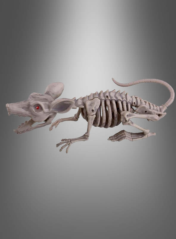 Plastikmodell der „Großen Ratte – Skelett“ (38 cm) mit LED-Augen, präsentiert vor einem grauen Hintergrund mit Farbverlauf – perfekt als gruselige Halloween-Dekoration.