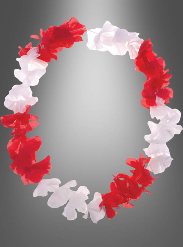 Wir präsentieren die „Blumenkette rot-weiß Hawaii“ – eine künstliche Lei aus abwechselnd roten und weißen Stoffblumen, die wunderschön angeordnet sind und sich vor einem grauen Hintergrund mit Farbverlauf abheben. Dieses farbenfrohe Accessoire ist perfekt für Ihr nächstes Karnevalskostüm oder Ihre nächste Hawaii-Party!.